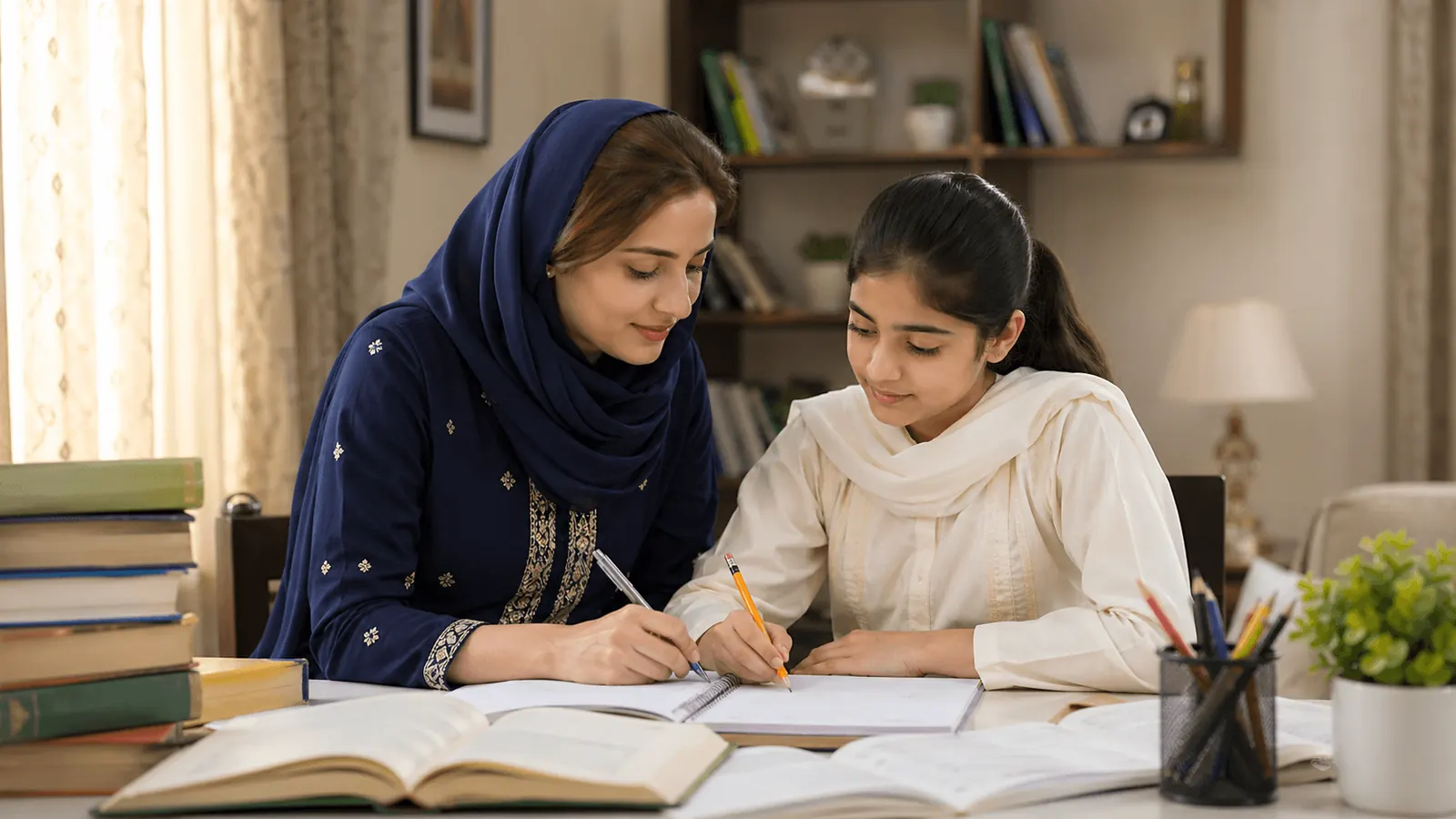 Female tutor helping a student study at home in Lahore