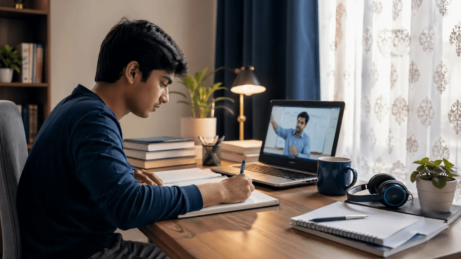 Student taking an online tutoring session from home
