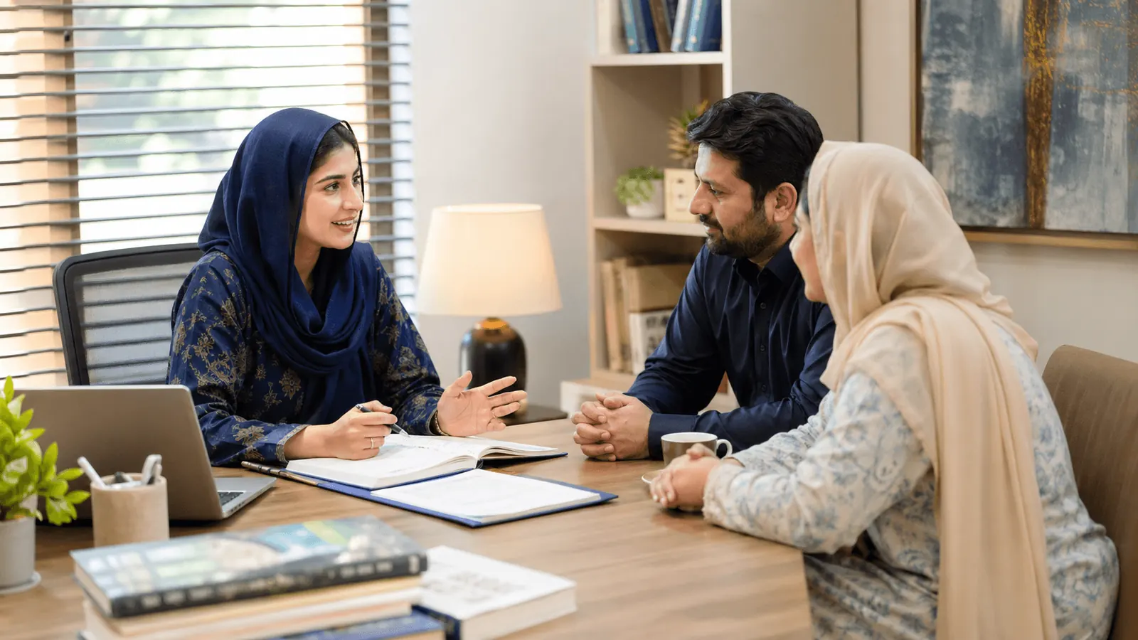 Education advisor discussing a tutoring plan with parents