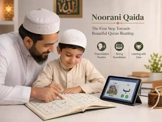 Teacher guiding a young learner through Noorani Qaida Arabic letters with a book and tablet