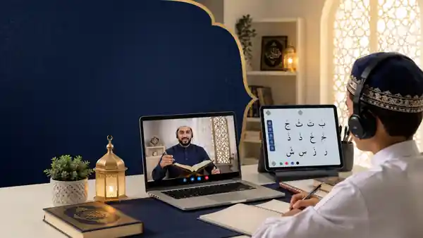 Child attending a live online Quran class with a Quran teacher, digital Arabic letters and learning tools