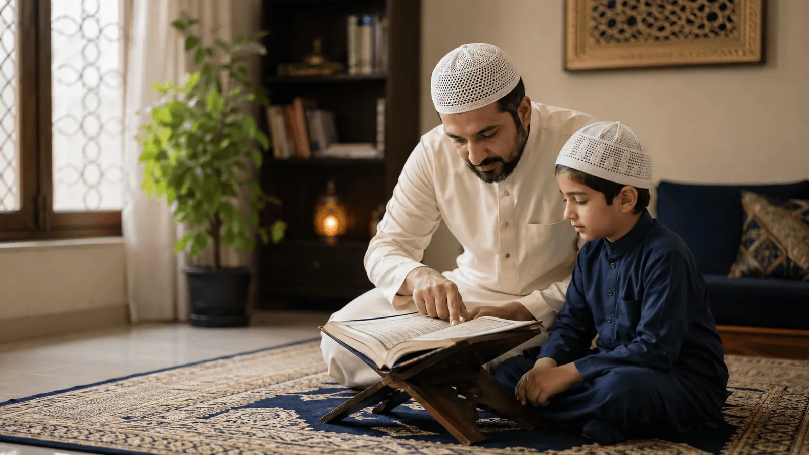 Quran teacher guiding a child during a home lesson